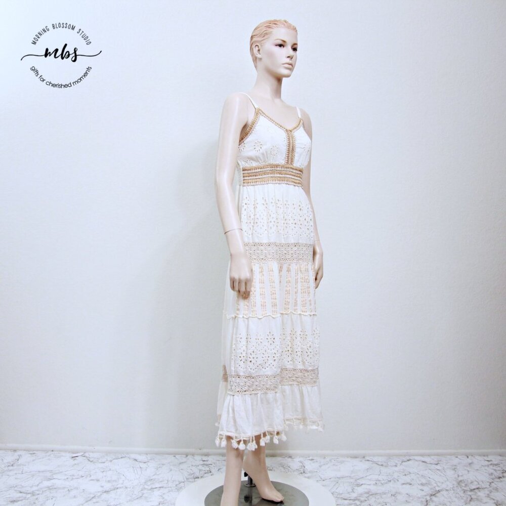 Me 2 Magic Boho Tiered Embroide Spaghetti Straps Lace Eyelets Tassels Midi Dress
